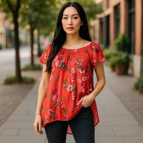 New York Laundry Women’s 1X (Plus Size) Red Floral Cold Shoulder Tunic Top A0083 - Picture 1 of 9